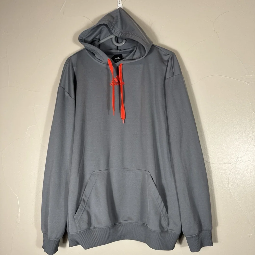ADIDAS Mens Gray Hoodie With Neon Orange Hit And Kangaroo Pocket XL